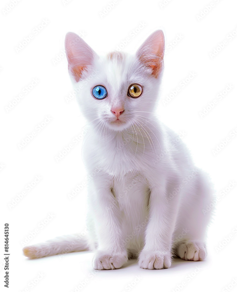 A white Khao-many shorthair cat looking at the camera isolated on a white background with two eyes of different colors, blue and gold colored eye.