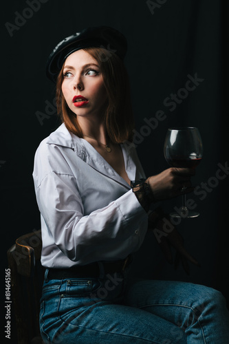 A young beautiful woman with dark hair and a beret on her head, with a glass of wine and a cigarette, A close-up portrait. Parisian style.