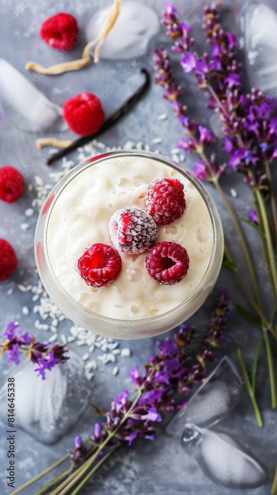 Top view of iced vanilla milkshake with vanilla, raspberry and lavender. Healthy diet. Aesthetic concept. Generative AI Top view of iced vanilla milkshake with vanilla, raspberry and lavender. Healthy diet. Aesthetic concept. Generative AI