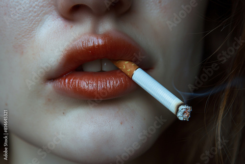 Closeup photo of a smoking teenage girl with a lit cigarette in her mouth symbolising the risks of tobacco consumption.
