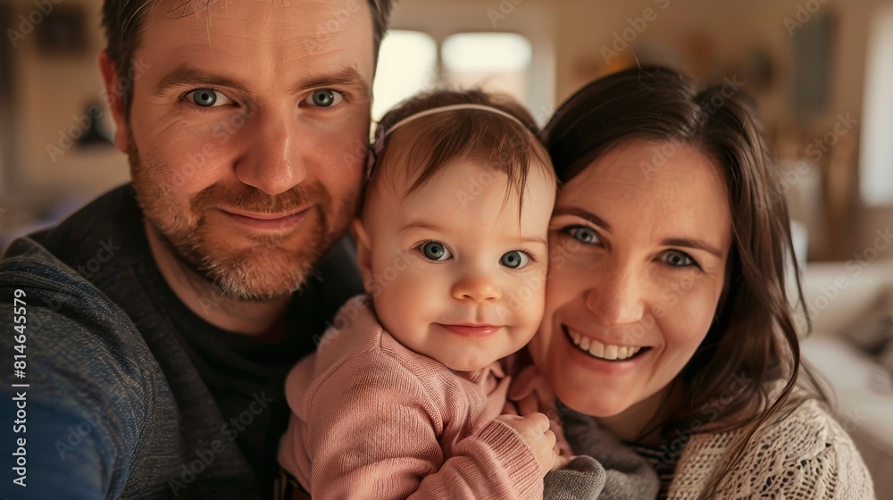 A man and a woman are holding a baby in their arms in a family portrait. The trio is posing together, showcasing their bond and love for the young child. A man and a woman are holding a baby in their arms in a family portrait. The trio is posing together, showcasing their bond and love for the young child.