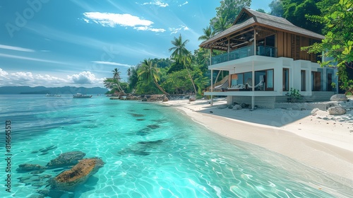 Fototapeta Naklejka Na Ścianę i Meble -  Modern bungalow house, white sand beach with clear turquoise water. Generative AI.