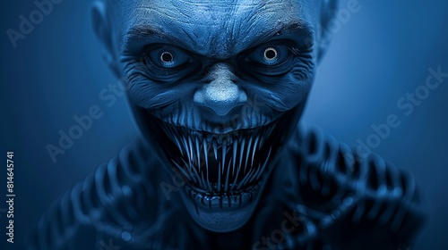 Close-up of the monster with a wicked grin full of sharp teeth. Evil creature. Creepy grimace of a scary character. Illustration for varied design.