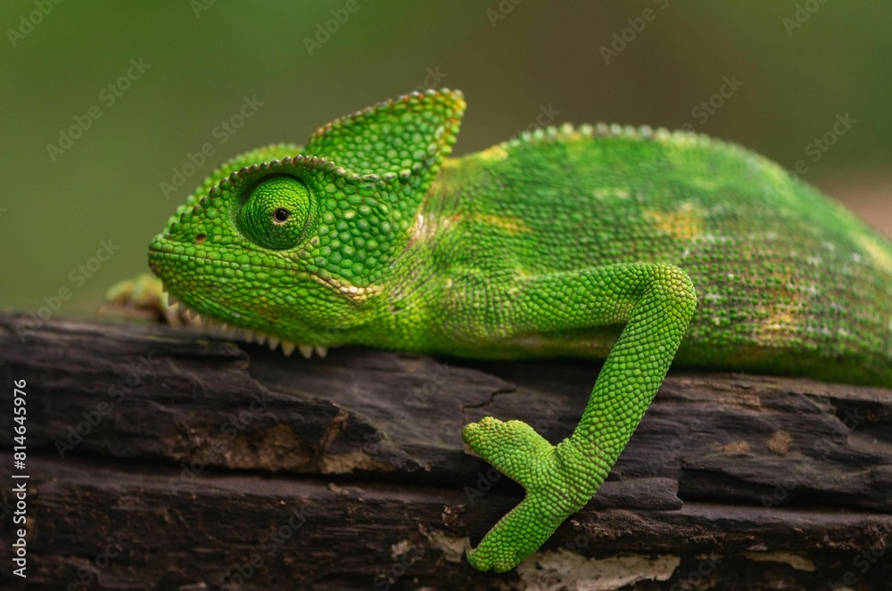 Fototapeta premium Vibrant green chameleon on a branch