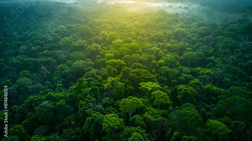 A photo featuring reforestation efforts in areas affected by deforestation, captured from above with a drone. Highlighting the restoration of natural habitats and the sequestration of carbon dioxide b