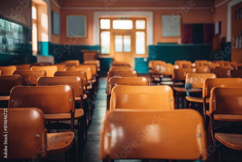 Serene empty classroom with sunlight filtering through windows