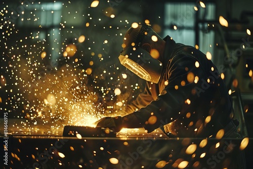 skilled worker grinding metal in industrial workshop sparks flying manufacturing process photography photo