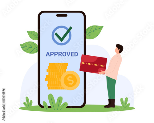 Financial transaction and payment approved, accounting, Tiny man holding authorized credit card to check money limit, permit bank system message on big phone screen cartoon vector illustration
