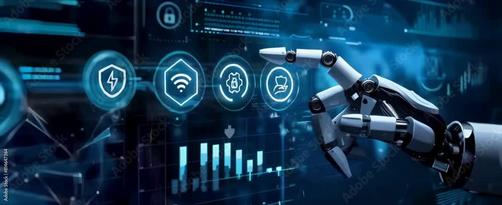 An animation of an AI robot hand pointing security icons on a virtual screen, Futuristic technology, Cybersecurity, AI concept An animation of an AI robot hand pointing security icons on a virtual screen, Futuristic technology, Cybersecurity, AI concept