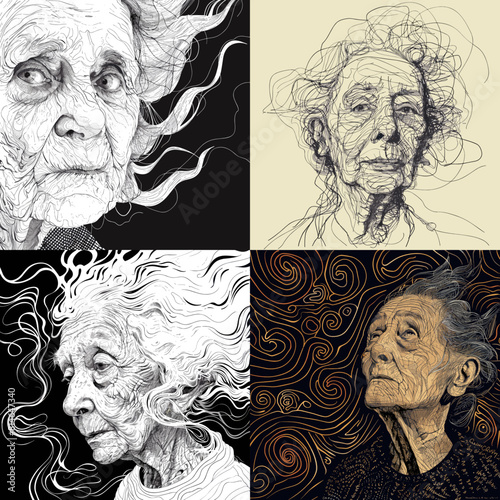 Intricate illustrations of elderly women with expressive features and artistic linework, perfect for fine art, portrait themes, or emotional storytelling designs. photo