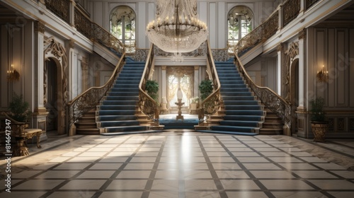 Generative AI Grand entrance foyer with a stunning chandelier and marble floors.
