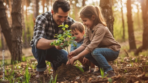 A man and two children are actively planting a tree in a wooded area. The man is instructing and assisting the children in digging a hole and carefully placing the tree. The focus is on teamwork, fami photo