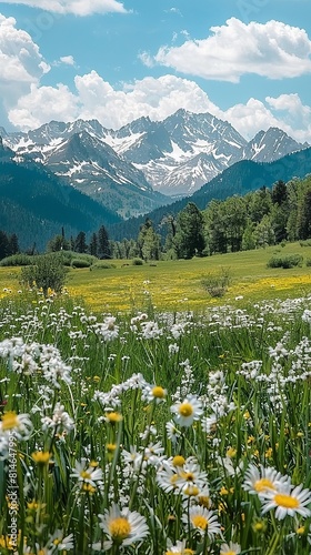 A field of yellow and white flowers with a mountain in the background