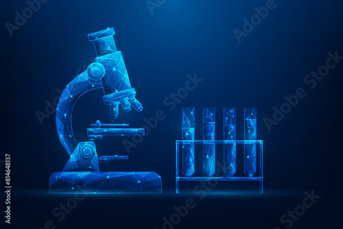 microscope and test tube technology low poly wireframe. science medical digital. vector illustration fantastic design. on blue background.