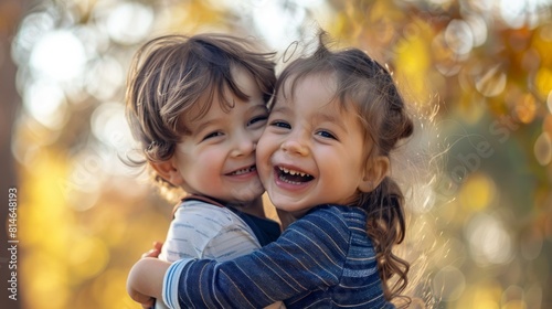 Two young children, likely siblings, embracing each other tightly in a wooded area. The children are standing amongst trees, surrounded by nature, sharing a warm and affectionate hug.