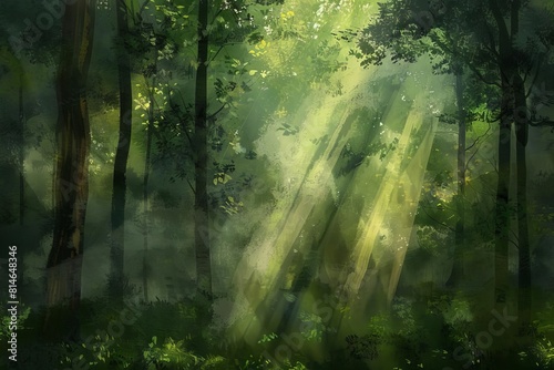 sunbeams filtering through dense summer forest misty morning atmosphere deciduous woodland landscape enchanting nature digital painting