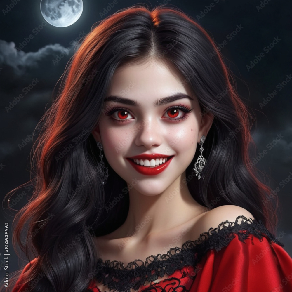 Fototapeta premium Mysterious Lady in Red Under the Illuminated Night Sky