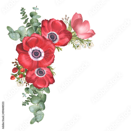 Obraz na płótnie Bouquet of red anemones with eucalyptus St
