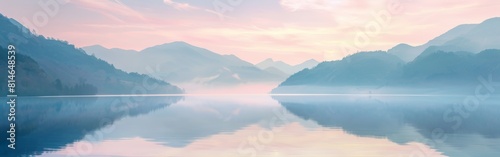 A vast body of water reflecting the towering mountains looming in the background. The scene captures the contrast between the calm water and the rugged peaks.