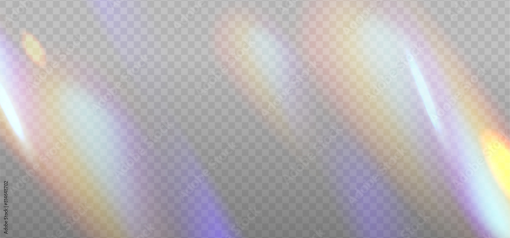 Rainbow dispersion highlights overlay template on a light background. Glare or reflection from water and glass. Glittering particles for social media backgrounds, photo shots. Vector eps10