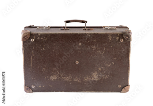 Old brown worn out suitcase isolated on white background with clipping path
