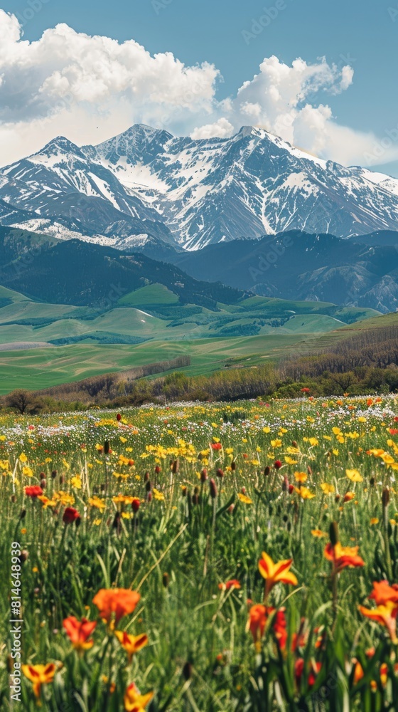 A vast field filled with colorful flowers stretches towards towering mountains in the distance. The blossoms sway gently in the breeze under the clear blue sky. A vast field filled with colorful flowers stretches towards towering mountains in the distance. The blossoms sway gently in the breeze under the clear blue sky.