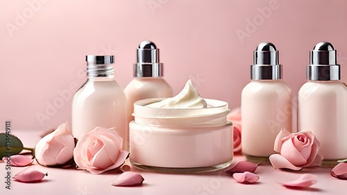 Natural cosmetic bottles and jars of moisturizer cream with rose buds and petals on a light pink background, representing body therapy and skin care items