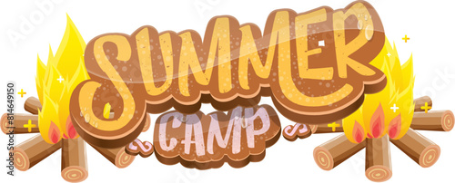 vector summer camp cartoon logo with campfire isolated on white background. Summer camp vintage funky flyer, funny label and poster design template with fireplace and summer camp text