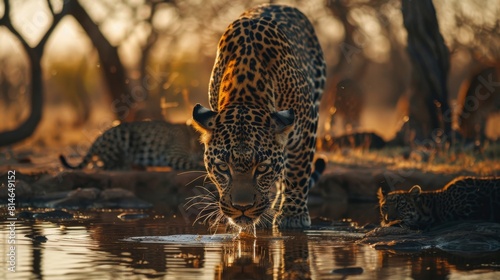 Leopards drinking water at sunset in wildlife reserve, displaying natural behavior in their habitat