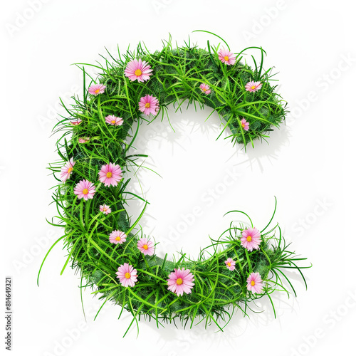 Green organic grass with tiny flowers made letter C on white clean background. Environment concept. Generative AI