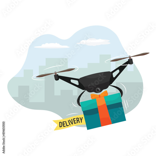 Drone carrying a blue gift box. Drone delivery service