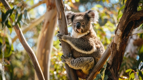 A koala is comfortably seated on a tree branch within a eucalyptus tree, showcasing its iconic fluffy ears and sleepy demeanor in its natural habitat.
