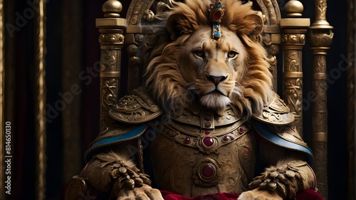 Close-up of a royal lion seated on a throne. Artificial Intelligence © Madiha