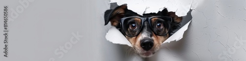 A cute dog looks through a ripped hole, a white paper background, and wearing glasses comes out tearing the colorful paper. Generated by AI © ibrahim