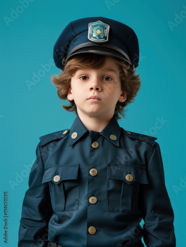 Portrait A Cute little boy police officer on color background