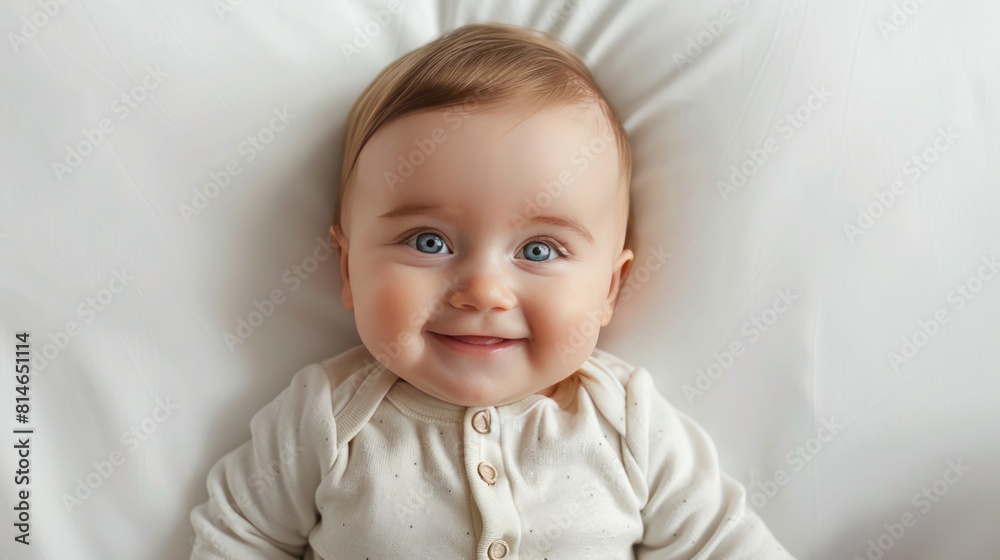 Portrait of smiling newborn baby lying in his crib Portrait of smiling newborn baby lying in his crib
