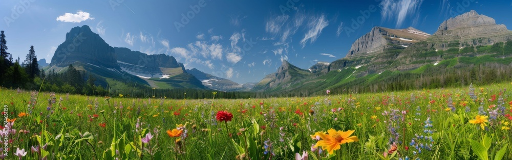 A field bursting with colorful wildflowers stretches out, with majestic mountains towering in the background. The vibrant blooms create a striking contrast against the rugged mountain peaks. A field bursting with colorful wildflowers stretches out, with majestic mountains towering in the background. The vibrant blooms create a striking contrast against the rugged mountain peaks.