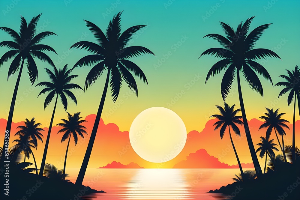 Obraz premium A tranquil tropical sunset, silhouette of palm trees, vibrant sky of orange and blue colors, reflecting on calm water. flat design illustration. summer, travel and tranquility concept. generative ai