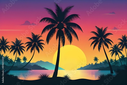 A tranquil tropical sunset  silhouette of palm trees against a vibrant sky of orange and purple colors  reflecting on calm water. flat design. summer  travel and tranquility concept. generative ai