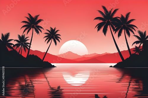 Silhouetted palm trees flat graphic illustration  tranquil lake at sunset  with vibrant pink and red sky reflecting on the water  summer  peace and natural beauty. generative ai