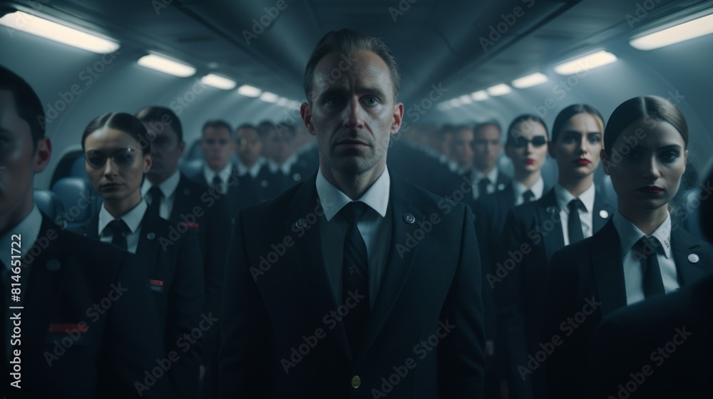 Generative Ai Male And Female Flight Attendants Performing Safety