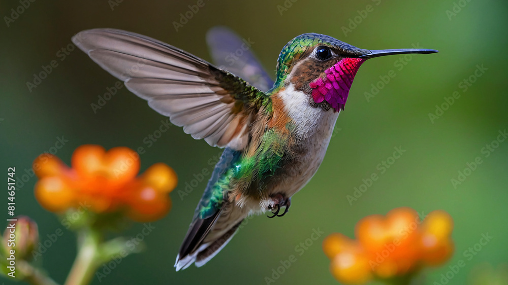 Fototapeta premium Stunning Pretty Hummingbird In Flight Soft Bokeh Background With Flowers And Natural Colours 300PPi High Resolution Image