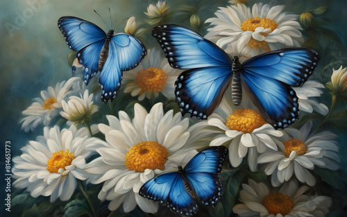 Blue tropical butterflies on chrysanthemum flowers painted with oil paints