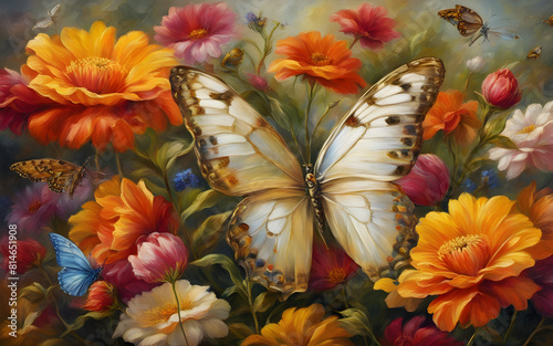 Bright colorful flowers and white with gold butterflies painted with oil paint