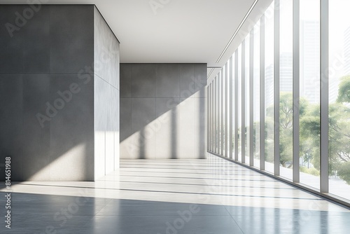 A modern minimalist space with concrete walls floor to ceiling windows and abundant natural light