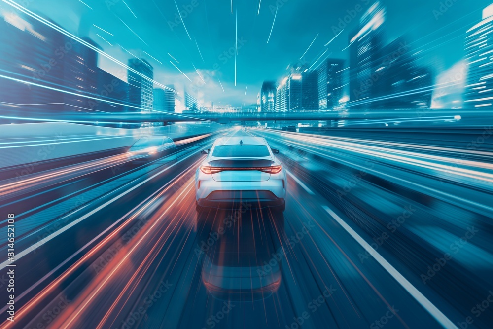 The car is driving fast on the road with the city lights in the background. The car is driving fast on the road with the city lights in the background.