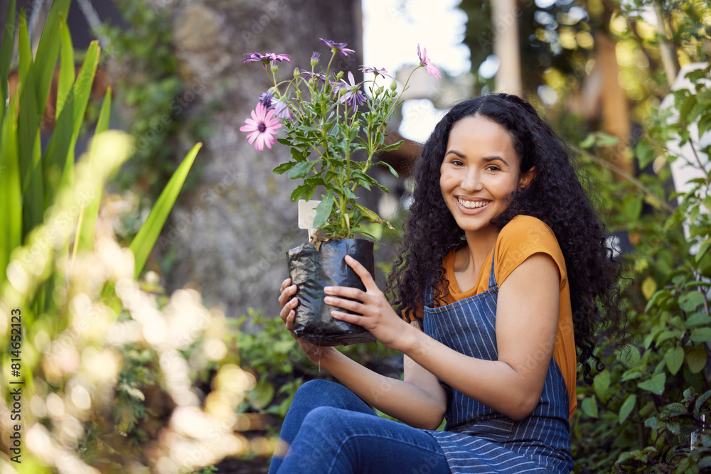Garden, planting and portrait with woman in nursery for growth, small business or sustainability. Flowers, gardening and plants with happy person at startup for eco friendly retail or sale in spring Garden, planting and portrait with woman in nursery for growth, small business or sustainability. Flowers, gardening and plants with happy person at startup for eco friendly retail or sale in spring