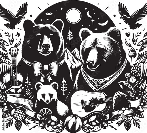 Grateful Dead Bears Black and White Vector art White Background Free Download