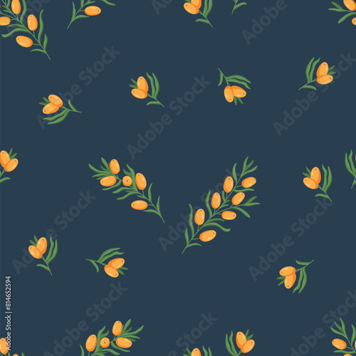 Seamless pattern sea buckthorn branches. Vector illustration of a healing edible berry. Background wallpaper
