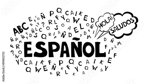 Espanol. Translation "Spanish".  
Сoncept of learning spanish language. "Hola" Translate: "Hello" Language education. Distance education, remote school, Spain university.  Vector illustration